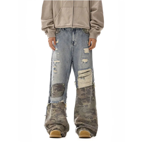 American high street cleanfit denim patchwork camouflage pants new style washed with holes worn out with a slight pull tab and trendy floor length pants image 2
