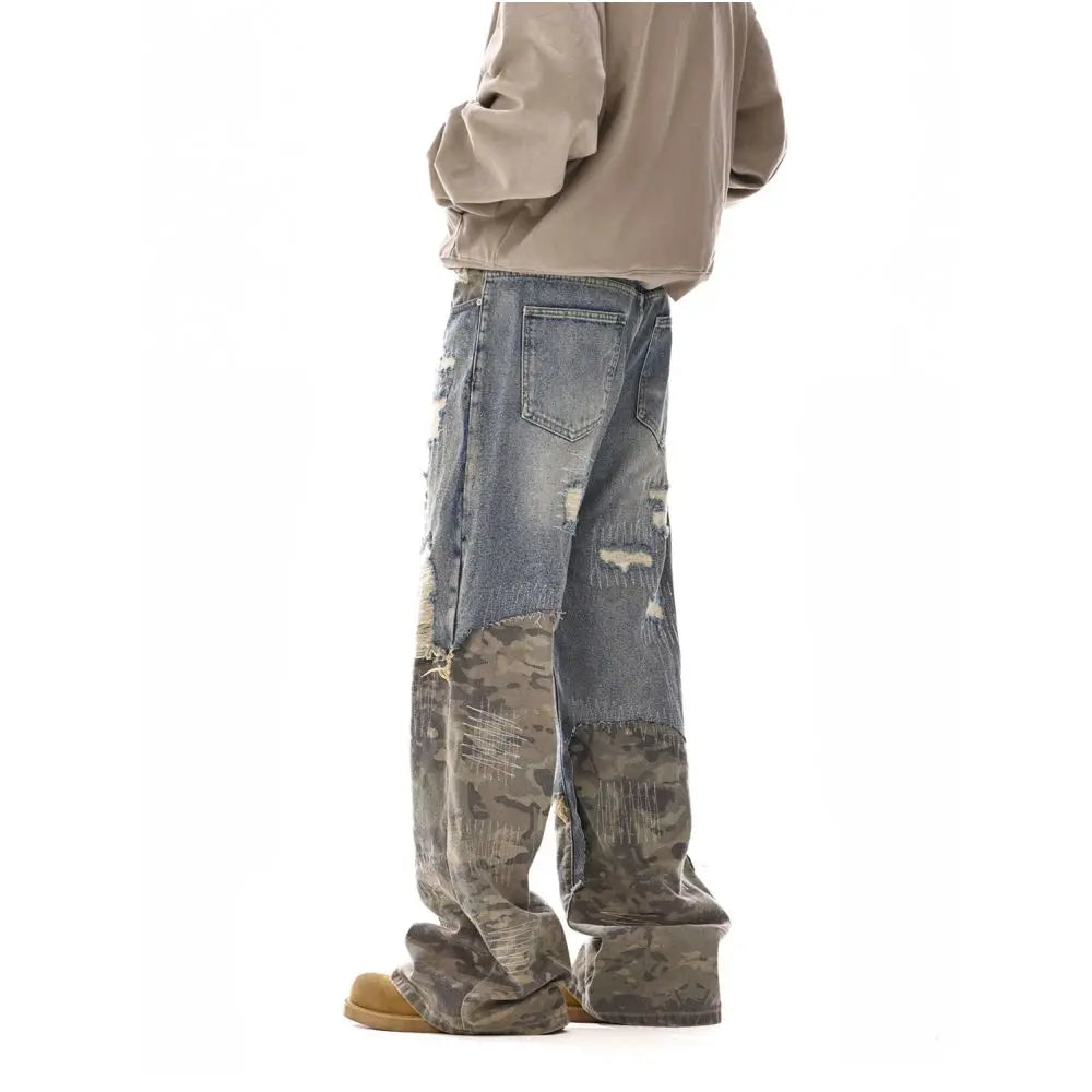 American high street cleanfit denim patchwork camouflage pants new style washed with holes worn out with a slight pull tab and trendy floor length pants image 4