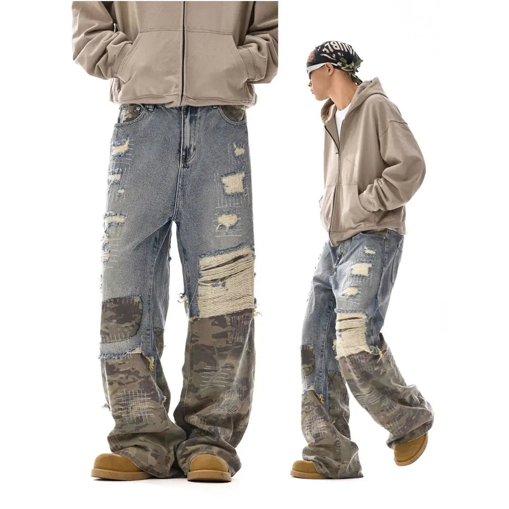 STREET PATCHWORK CAMOUFLAGE DENIM PANTS