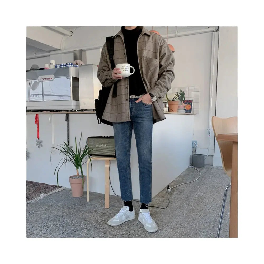 MRCYC winter thick woolen plaid shirt men s casual loose Korean woolen long sleeved shirt warm jacket image 2