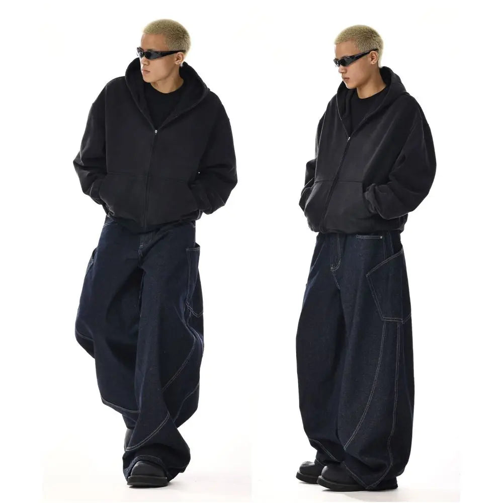 American retro silhouette curved knife jeans men s and women s trendy brand versatile straight tube high end feeling wide leg loose casual pants image 0