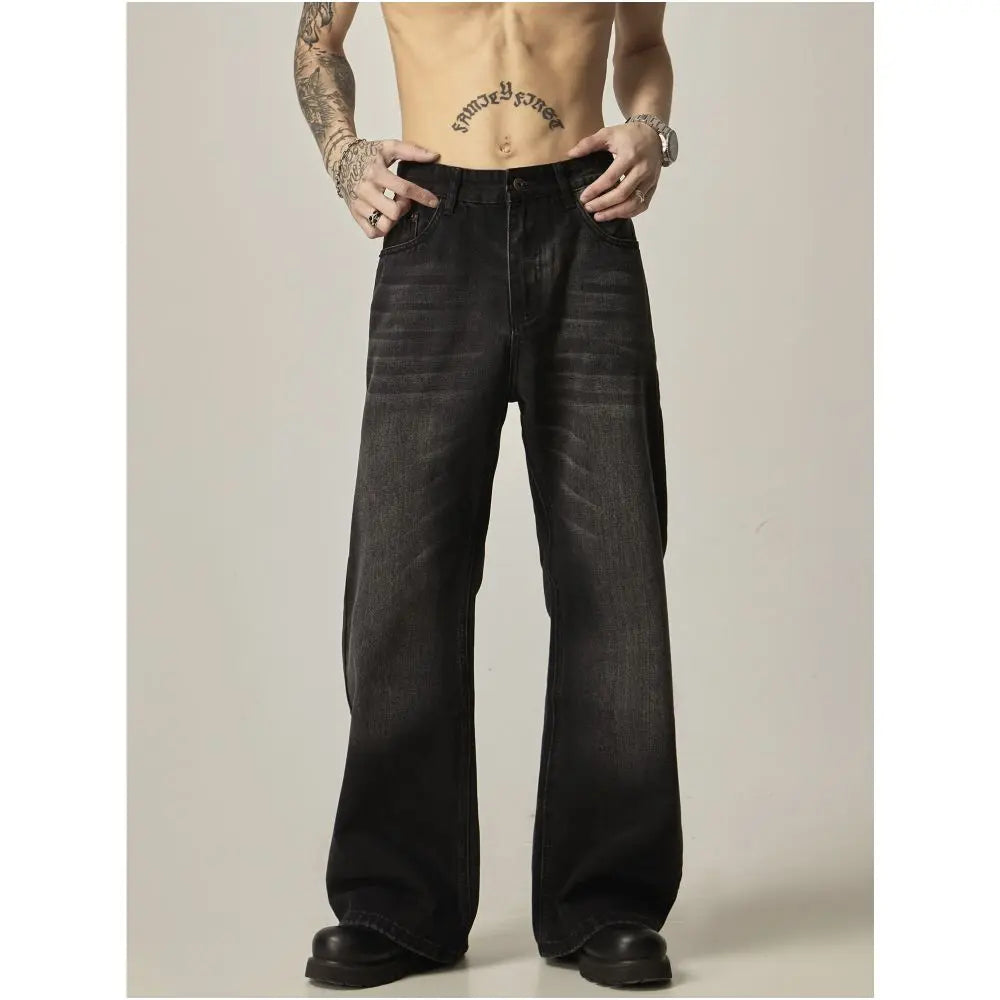 ISIETS American retro black loose straight denim jeans men s water washing cats vintage micro long pants image 1