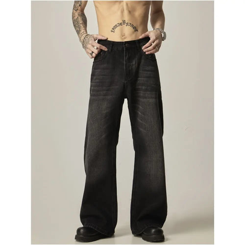 ISIETS American retro black loose straight denim jeans men s water washing cats vintage micro long pants image 1