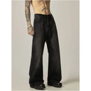 ISIETS American retro black loose straight denim jeans men s water washing cats vintage micro long pants image 2