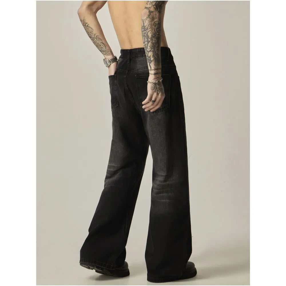 ISIETS American retro black loose straight denim jeans men s water washing cats vintage micro long pants image 3