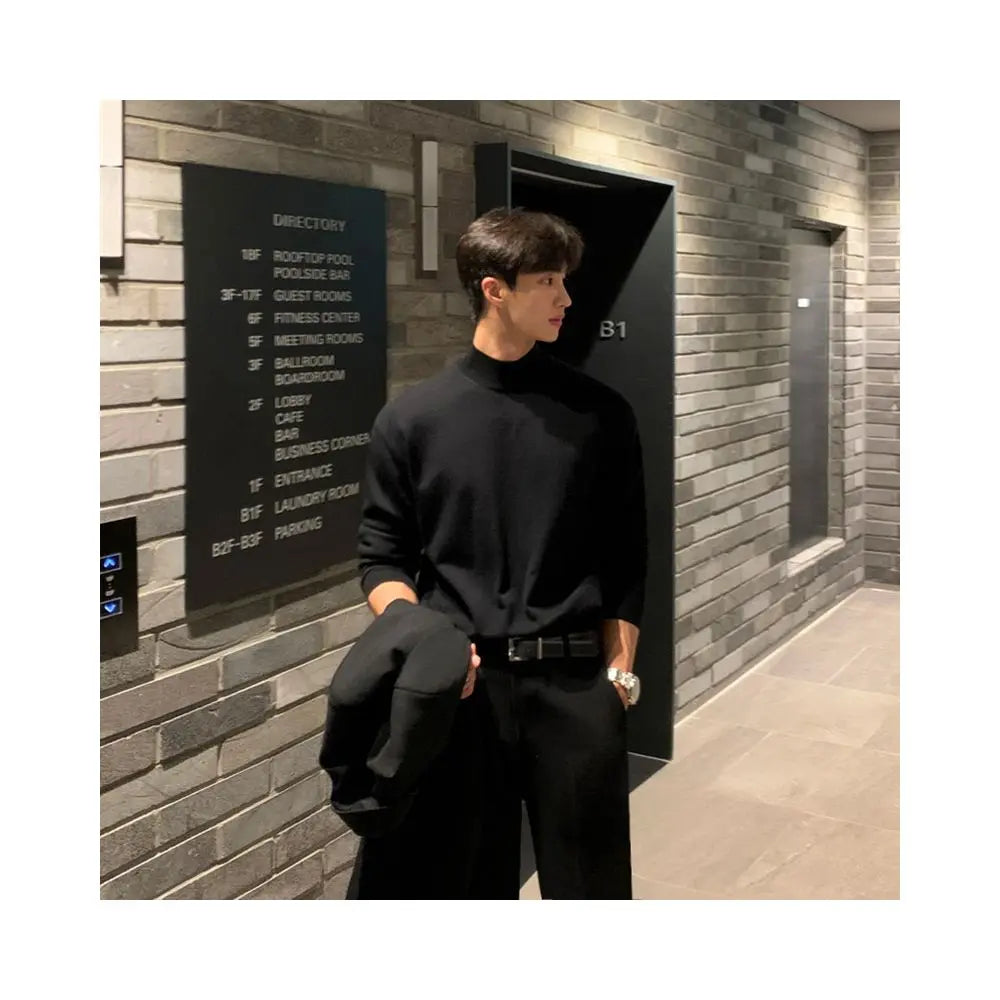 MRCYC semi high neck sweater for men in autumn and winter loose Korean style trend thick black mid neck knitted base sweater and thread jacket image 1