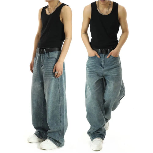 Vintage versatile wide leg jeans for men and women spring and summer new styles loose floor length pants American casual washed straight leg pants image 0
