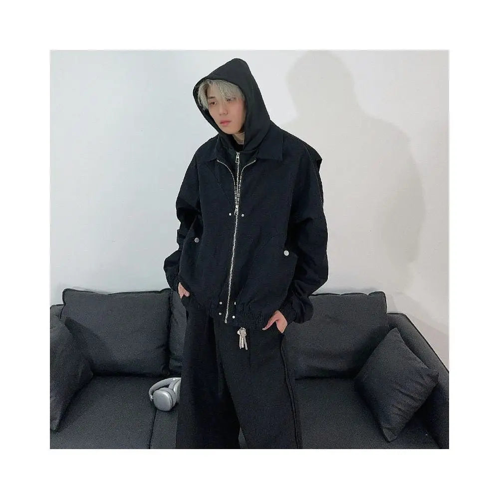 76STREET American retro cleanfit fake two piece deconstructive design hooded jacket jacket men s workwear jacket image 2