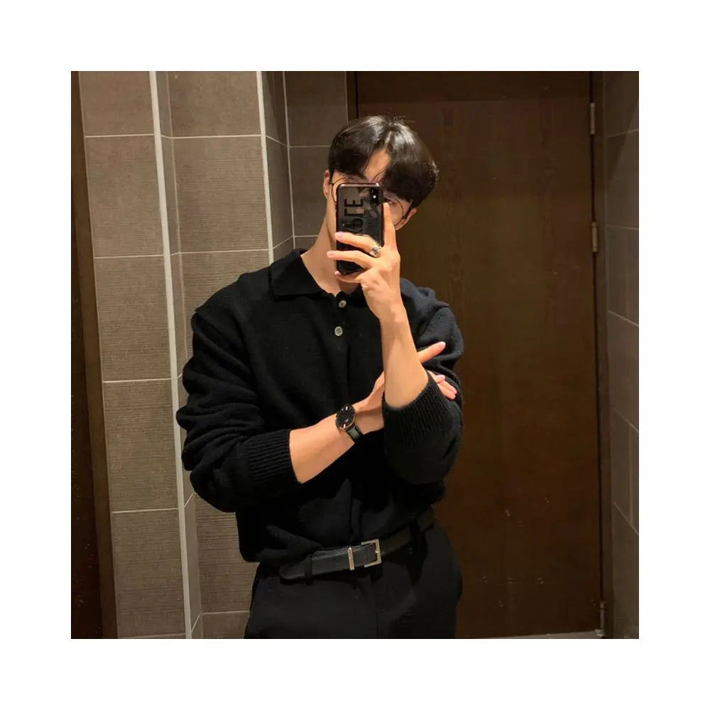 Korean style men s loose fitting solid color collared knit polo shirt for autumn winter 2024 image 4