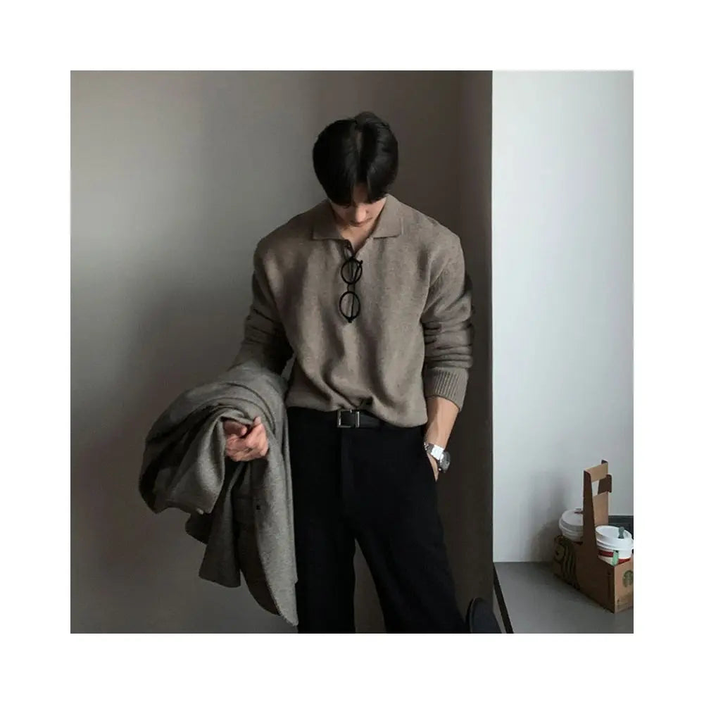 Korean style men s loose fitting solid color collared knit polo shirt for autumn winter 2024 image 0