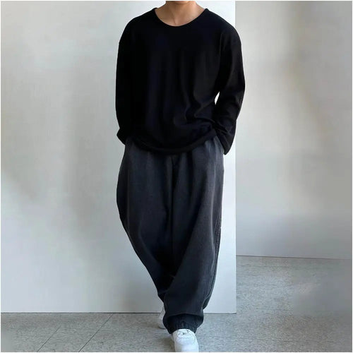 U shaped round neck waffle knit long sleeved T shirt for men s spring and autumn heavyweight sun protection T shirt high end and lazy base shirt image 1