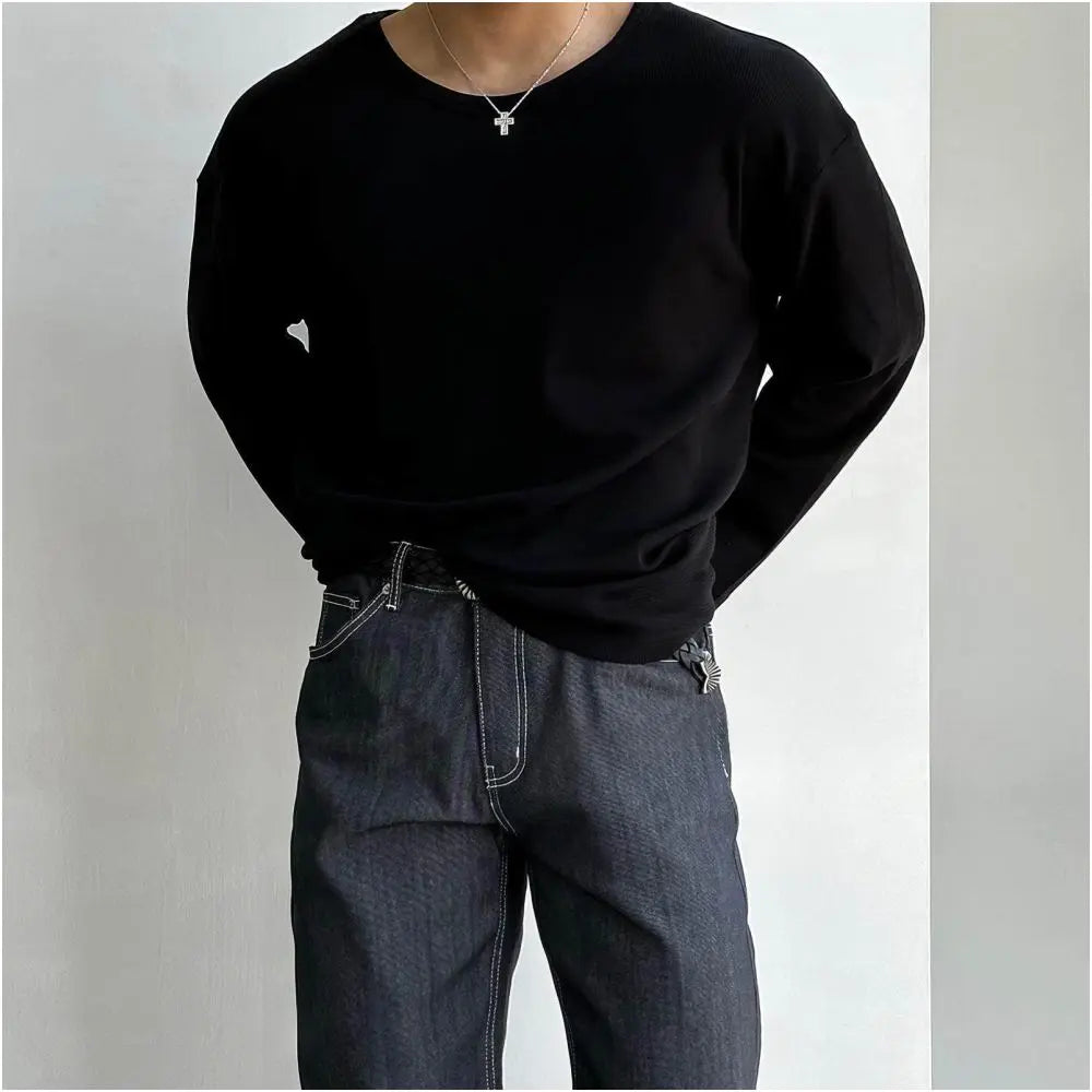U shaped round neck waffle knit long sleeved T shirt for men s spring and autumn heavyweight sun protection T shirt high end and lazy base shirt image 2
