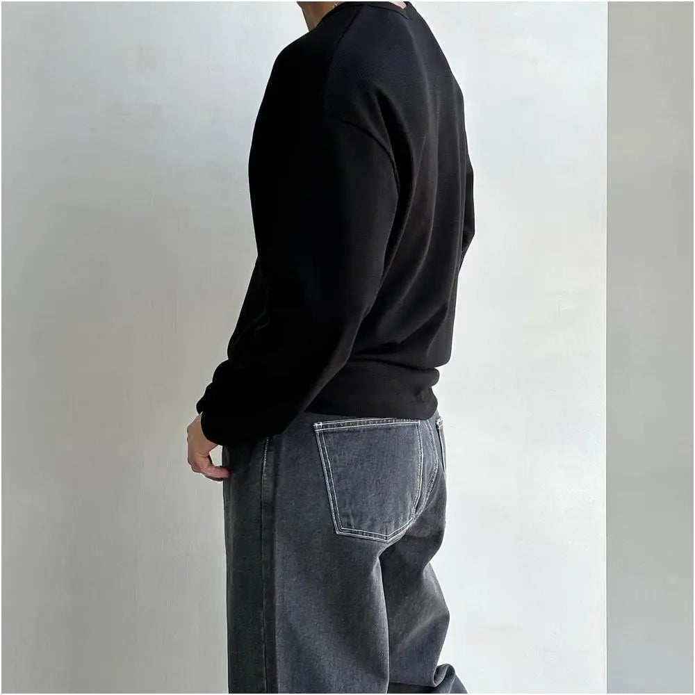 U shaped round neck waffle knit long sleeved T shirt for men s spring and autumn heavyweight sun protection T shirt high end and lazy base shirt image 3
