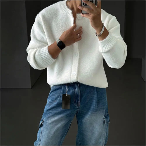 Men s white round neck knitted cardigan new autumn style Korean style soft and cozy comfortable and warm loose sweater coat image 2