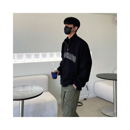 MRCYC Retro Half High Neck Hoodie Men s Spring Letter Embroidered Coat Korean Trendy Brand Loose Long Sleeve Bottom Shirt image 3