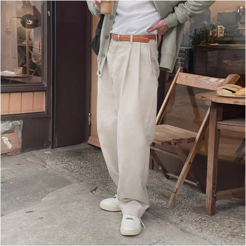 Apricot straight leg American double pinch pleated Western pants with no perm and casual design Korean style spring men s style image 3