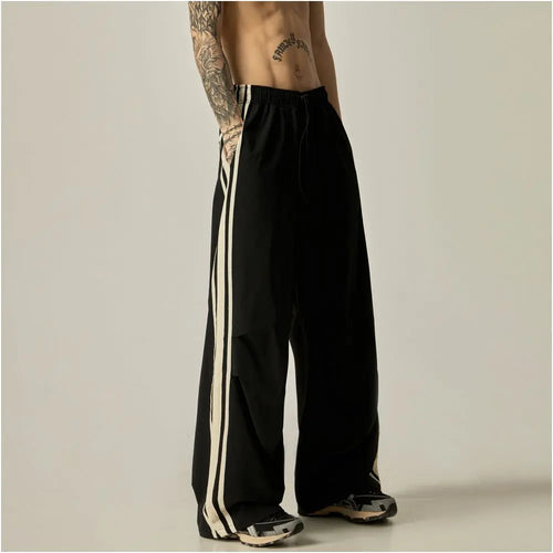 ISIETS American retro drape lazy style striped quick drying pants men s summer paratrooper pants loose wide leg casual pants image 5