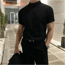 MRCYC Korean style semi high neck knitted T shirt for men solid color versatile slim fit short sleeved summer high end vintage style T shirt image 2