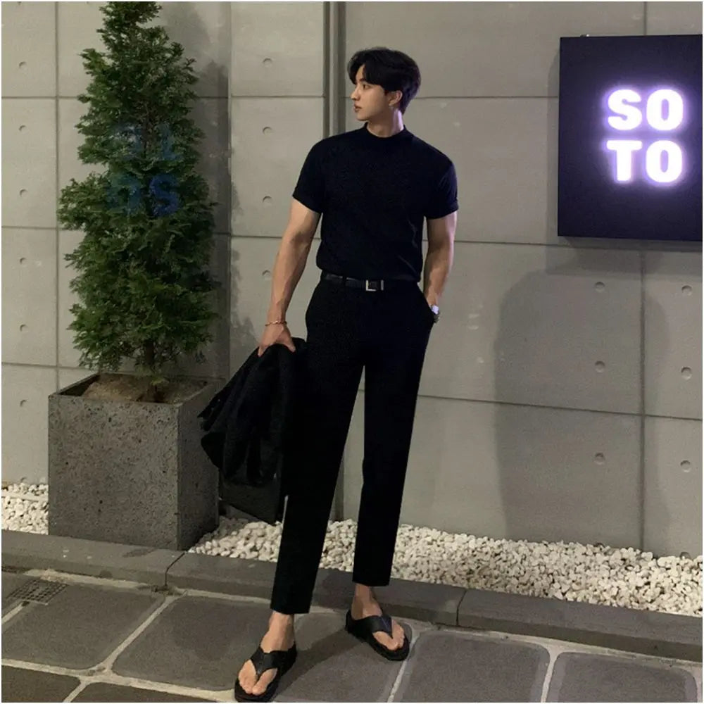 MRCYC Korean style semi high neck knitted T shirt for men solid color versatile slim fit short sleeved summer high end vintage style T shirt image 3