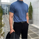 MRCYC Korean style semi high neck knitted T shirt for men solid color versatile slim fit short sleeved summer high end vintage style T shirt image 4