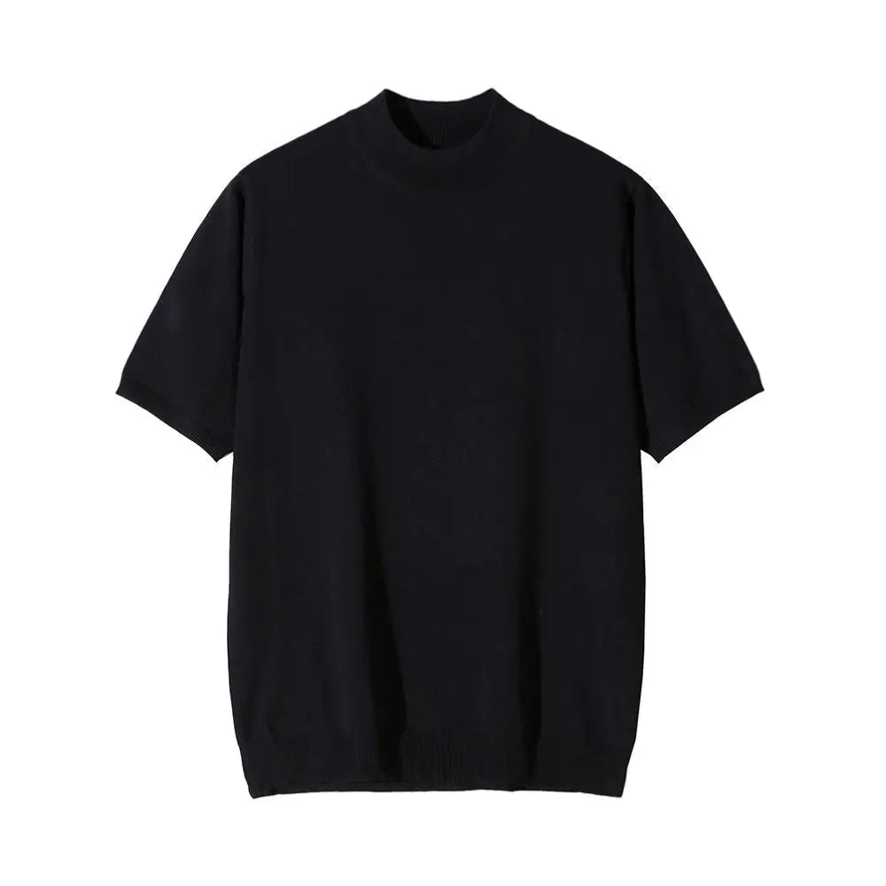 MRCYC Korean style semi high neck knitted T shirt for men solid color versatile slim fit short sleeved summer high end vintage style T shirt image 5