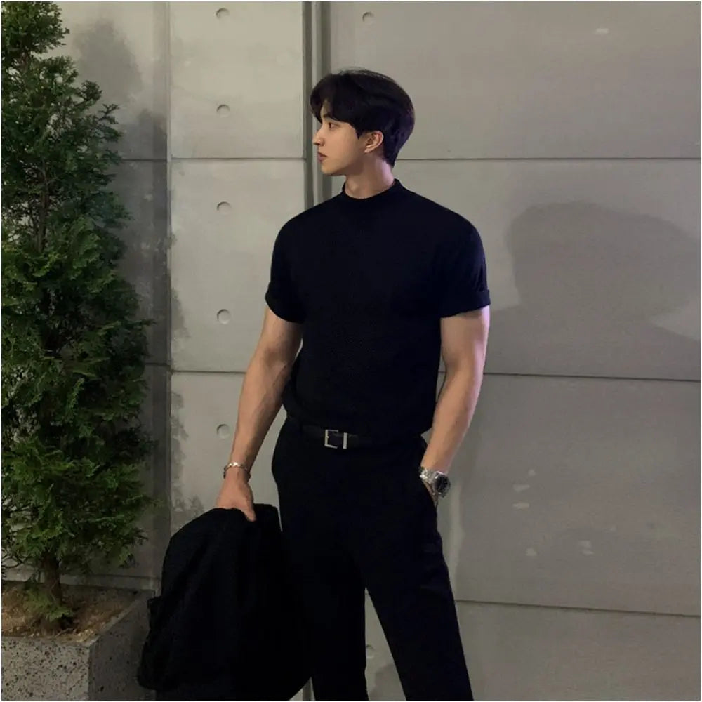 SEMI HIGH NECK KNITTED SHORT SLEEVE TEE Mrcyc