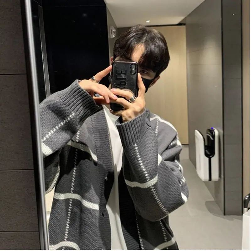 Bishe 2025 Spring and Autumn New Trendy Cardigan Men s Korean Edition British Checkered Stripe Sweater Men s V neck Sweater image 1