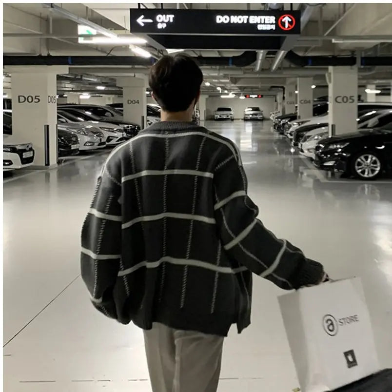 Bishe 2025 Spring and Autumn New Trendy Cardigan Men s Korean Edition British Checkered Stripe Sweater Men s V neck Sweater image 4