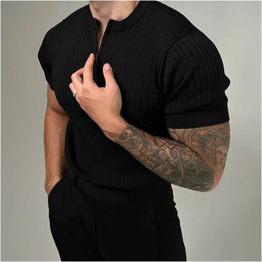 Black Henry collar slim fit knitted short sleeved men s 2025 new Korean version light mature style half zipper slim fit T shirt image 2