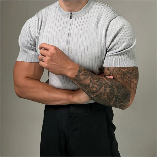 Black Henry collar slim fit knitted short sleeved men s 2025 new Korean version light mature style half zipper slim fit T shirt image 4