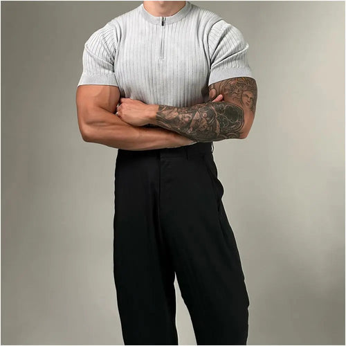 Black Henry collar slim fit knitted short sleeved men s 2025 new Korean version light mature style half zipper slim fit T shirt image 5