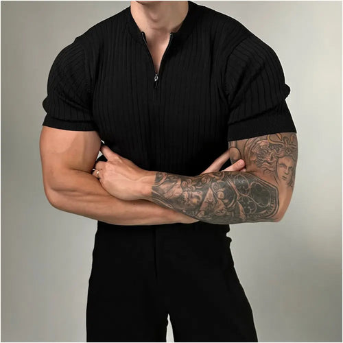 Black Henry collar slim fit knitted short sleeved men s 2025 new Korean version light mature style half zipper slim fit T shirt image 0
