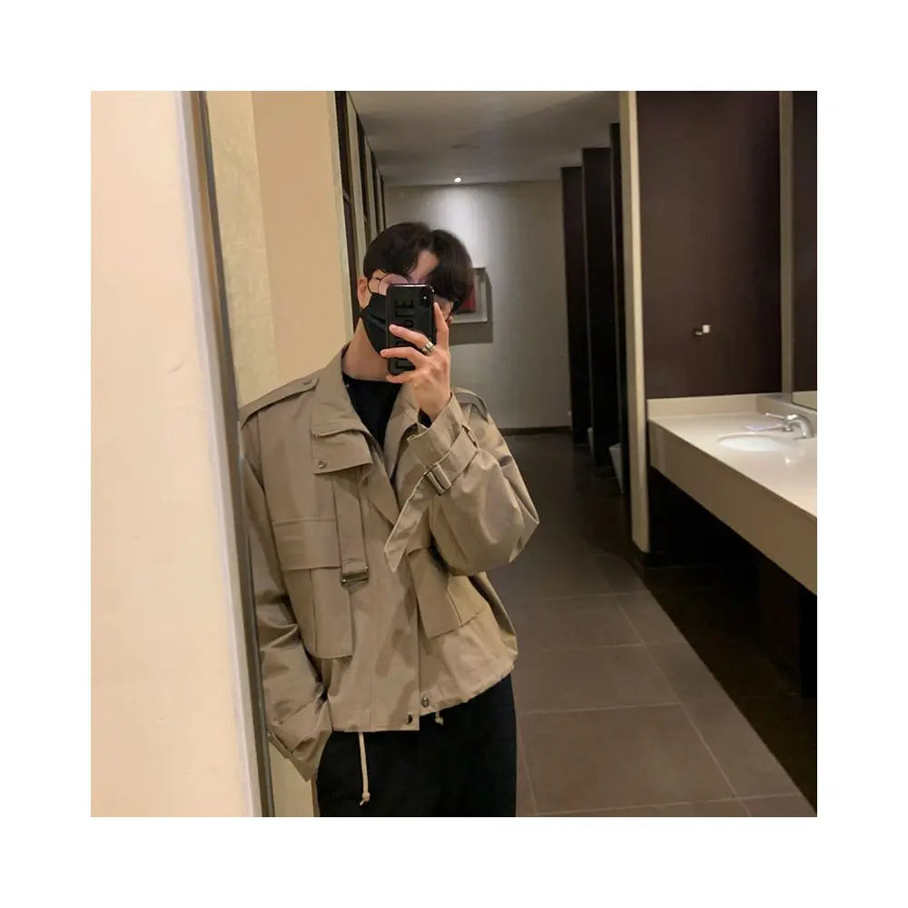 MRCYC Men s Spring and Autumn New Korean Loose Trendy Fake Two Piece Collar Retro Work Jacket image 2
