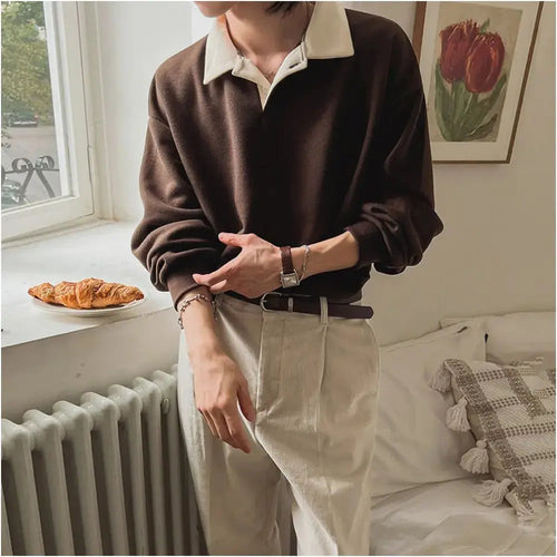 MRCYC retro contrasting color pullover sweatshirt for men in autumn loose collared top Korean style trendy long sleeved polo shirt image 3