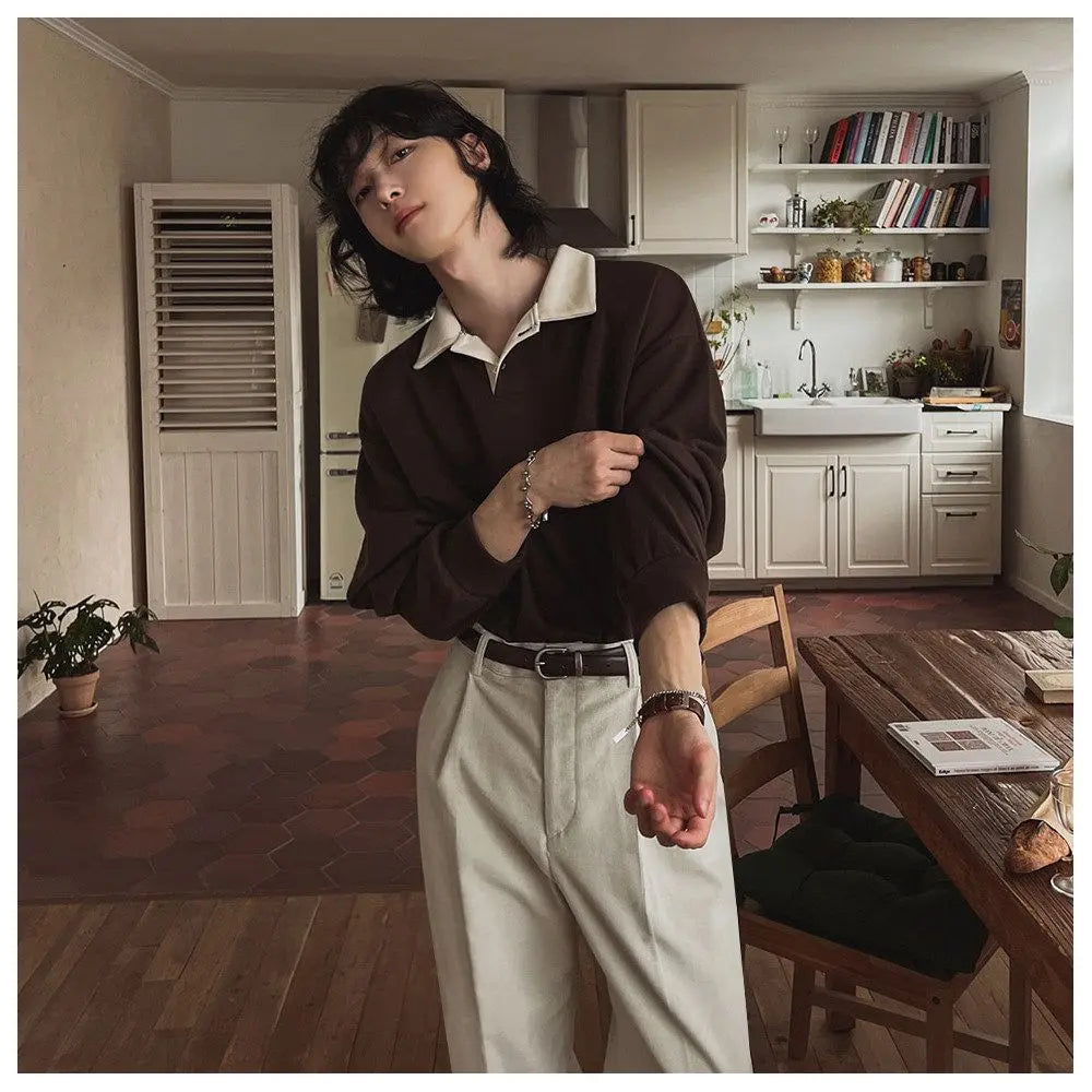 KOREAN RETRO CONTRAST COLLARED PULLOVER SWEATSHIRT Mrcyc