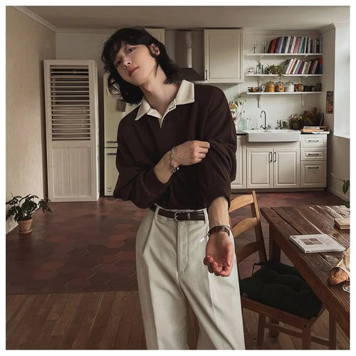 KOREAN RETRO CONTRAST COLLARED PULLOVER SWEATSHIRT Mrcyc