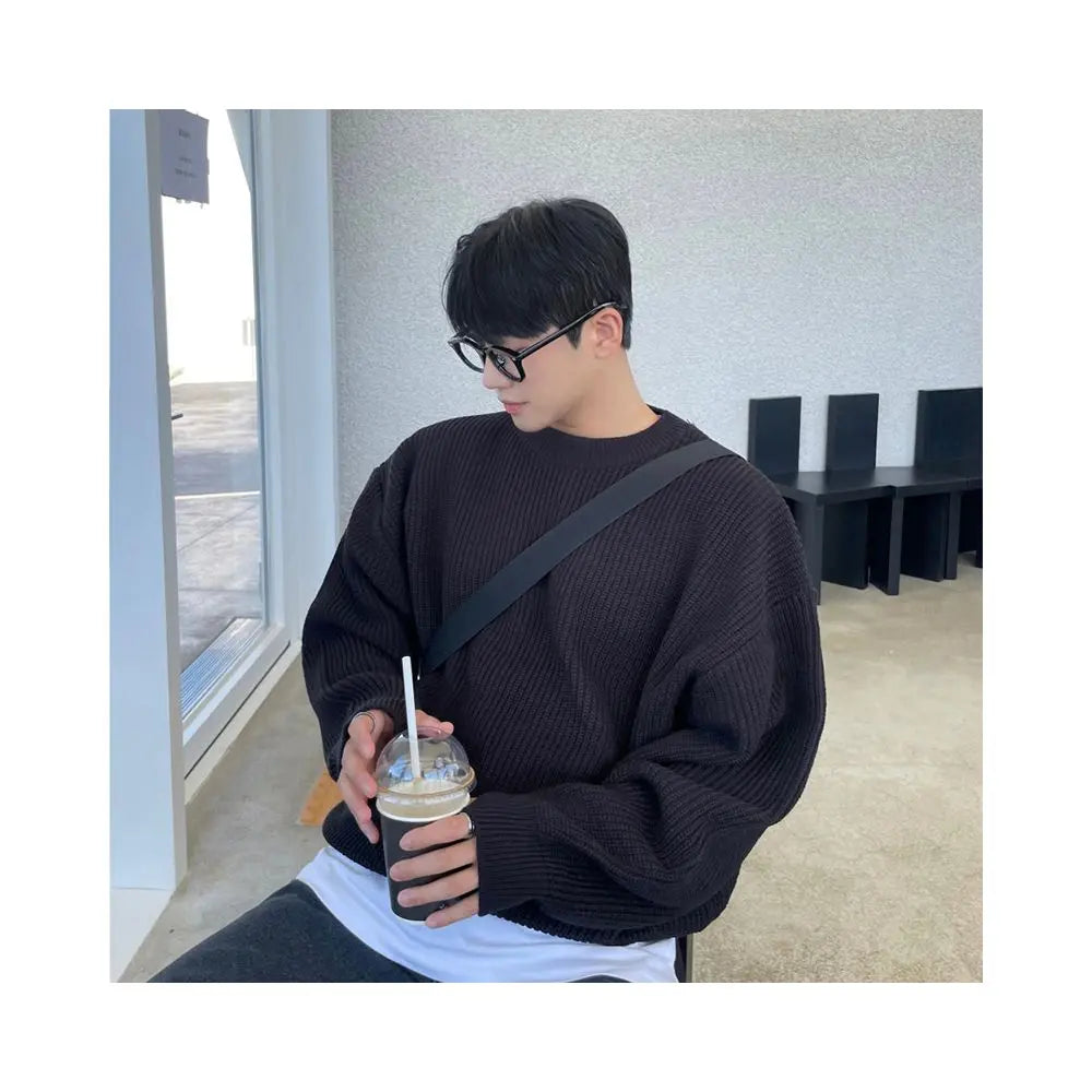 Sweater Korean lazy style male niche personality ins knit sweater design sense versatile solid color spring autumn base shirt image 0