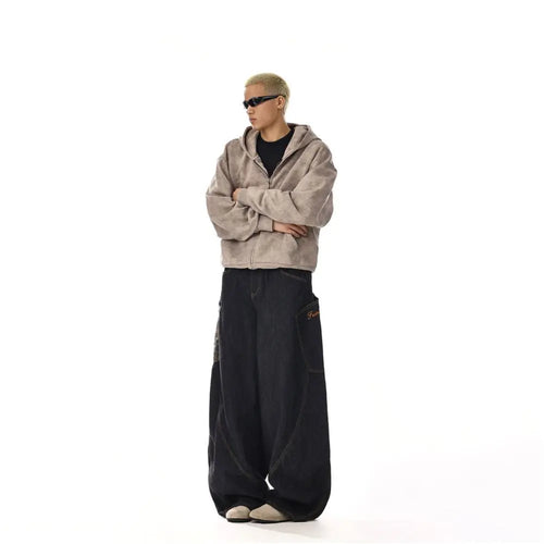 2024 Winter American Retro Denim Pants Black Mid to High Waist Loose Straight Leg Wide Leg Pants for Men and Women image 5