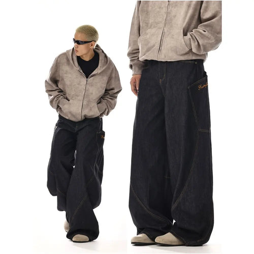 2024 Winter American Retro Denim Pants Black Mid to High Waist Loose Straight Leg Wide Leg Pants for Men and Women image 0