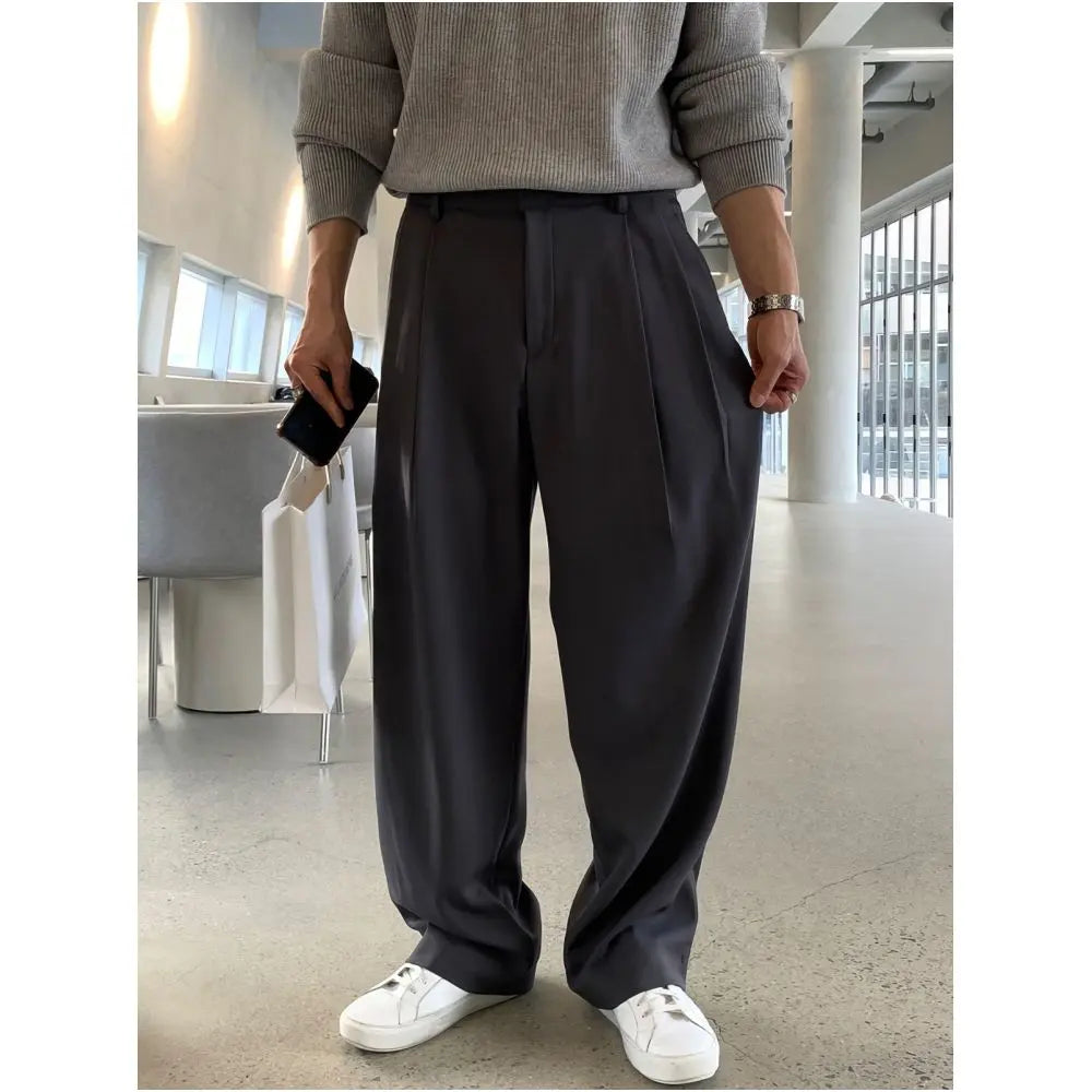 Double pleated draped men s dress pants Korean style Vibe high end versatile wide leg straight leg casual trousers perfect for spring and autumn image 1