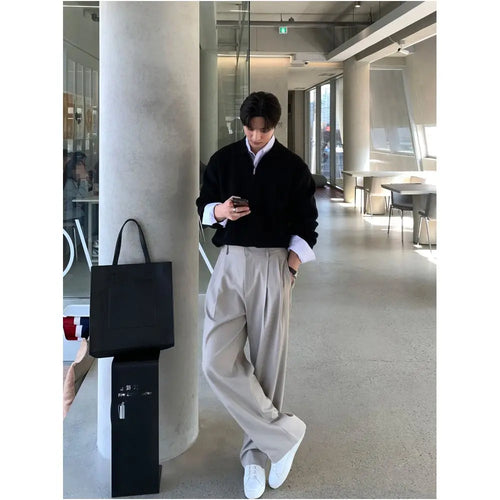 Double pleated draped men s dress pants Korean style Vibe high end versatile wide leg straight leg casual trousers perfect for spring and autumn image 4