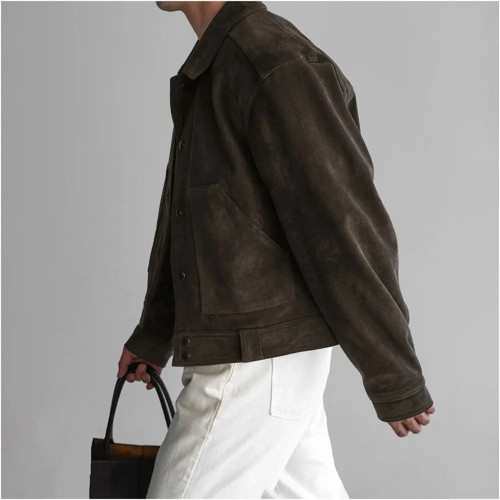 Maillard retro brown thick workwear jacket for men in autumn and winter cool and stylish imitation suede and cotton short jacket jacket image 2