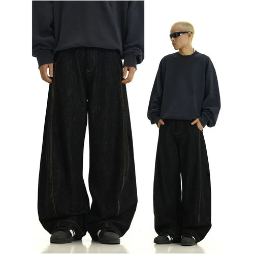 American retro denim pants washed wide leg mid high waist straight leg black casual explosive street style versatile pants image 1