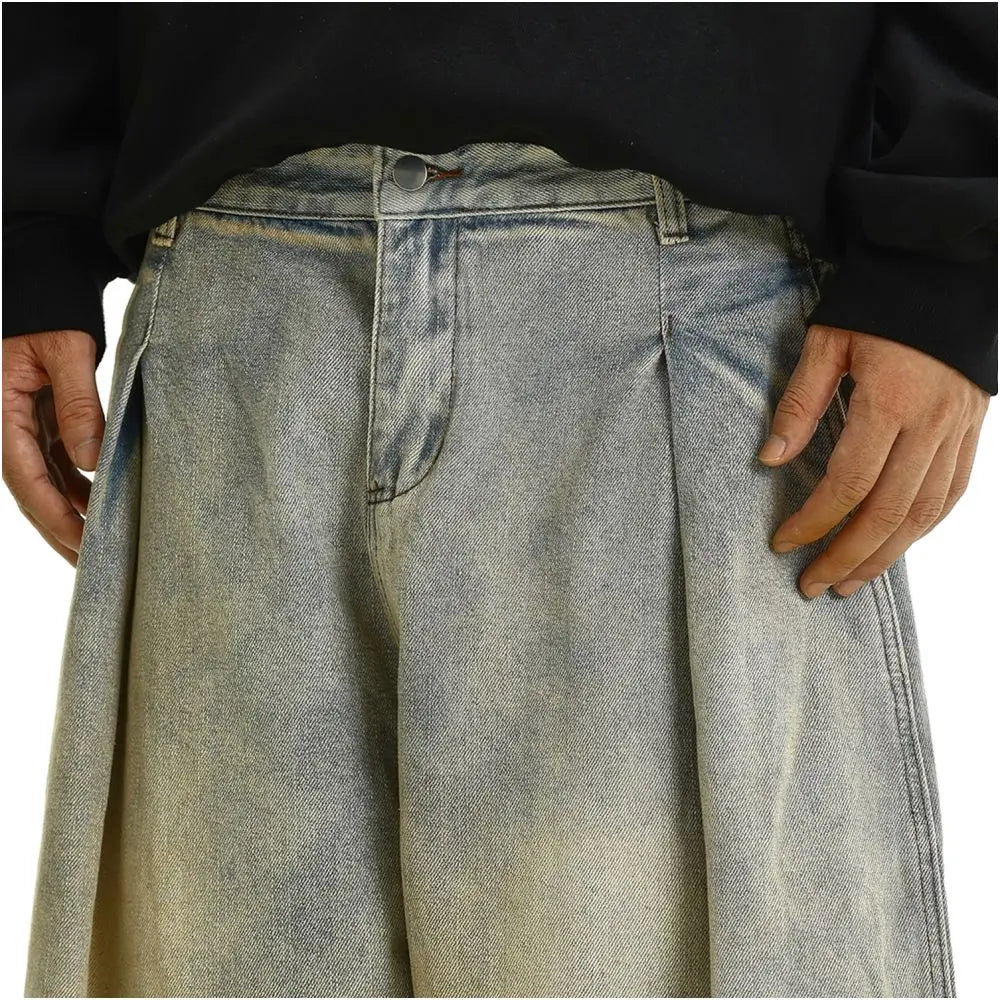 American retro pleated washed denim jeans for men and women niche vintage design loose straight leg couple wide leg floor pants image 3