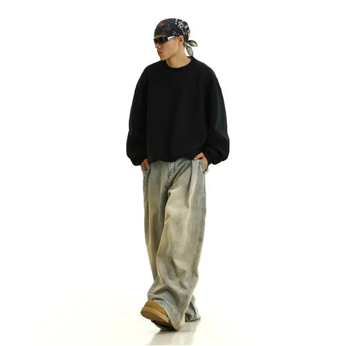 American retro pleated washed denim jeans for men and women niche vintage design loose straight leg couple wide leg floor pants image 0
