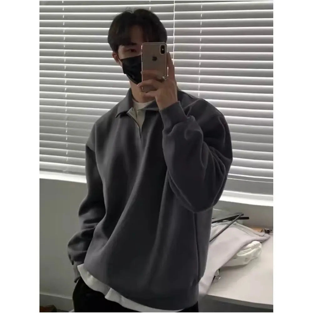 Early autumn lapel hoodie blue top long sleeved loose American Hong Kong style retro Korean version Dongdaemun men s fashion trend image 2