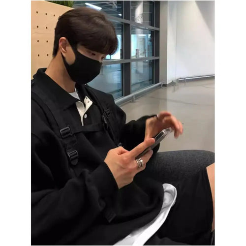 Early autumn lapel hoodie blue top long sleeved loose American Hong Kong style retro Korean version Dongdaemun men s fashion trend image 3