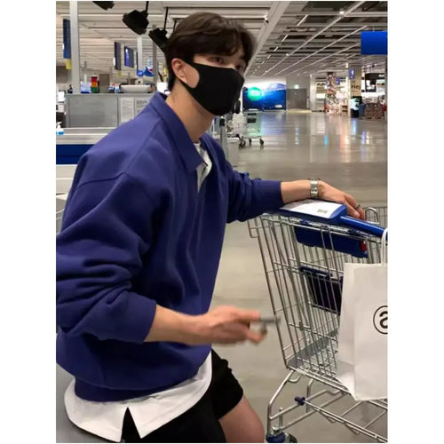 Early autumn lapel hoodie blue top long sleeved loose American Hong Kong style retro Korean version Dongdaemun men s fashion trend image 4