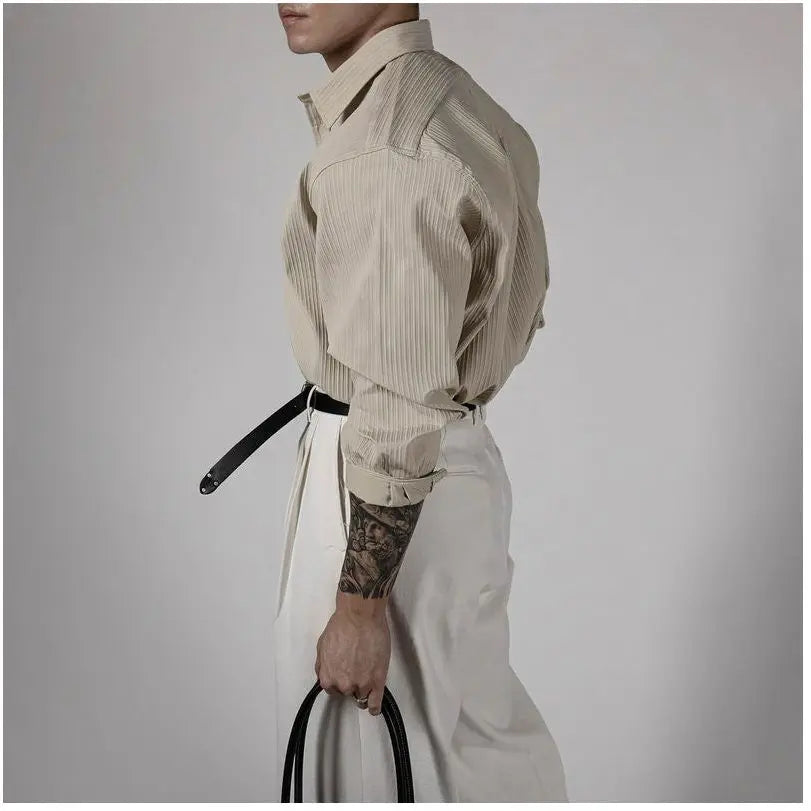 Black ironless long sleeved shirt for men with a Korean style high end feel and vertical stripes It has a light and mature texture with a hanging down feel It is a business casual shirt image 5
