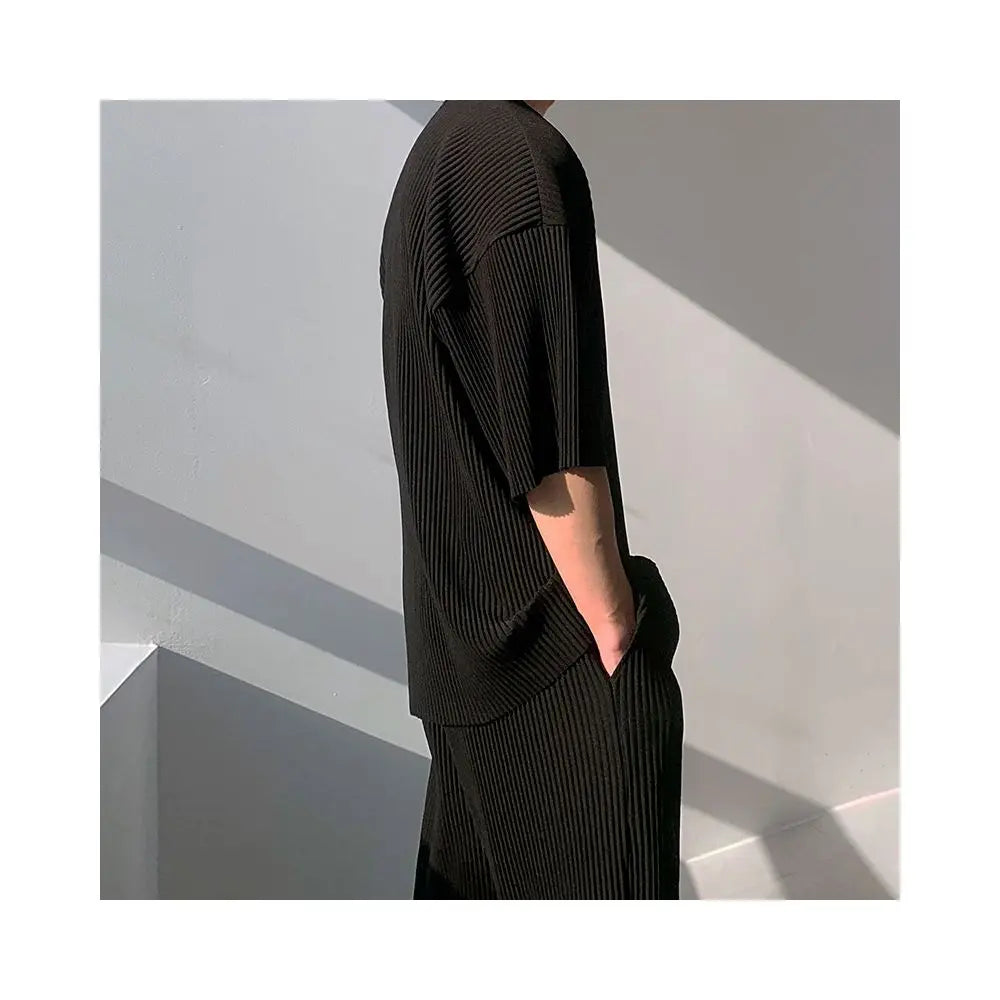 MRCYC pleated short sleeved T shirt for men in summer Japanese style loose hanging feeling half sleeved Korean style trendy pleated round neck T shirt image 4